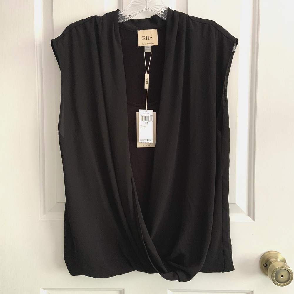 NWT Elie Tahari Black Sleeveless Layered Sheer Mesh Wrap front Top Sz M